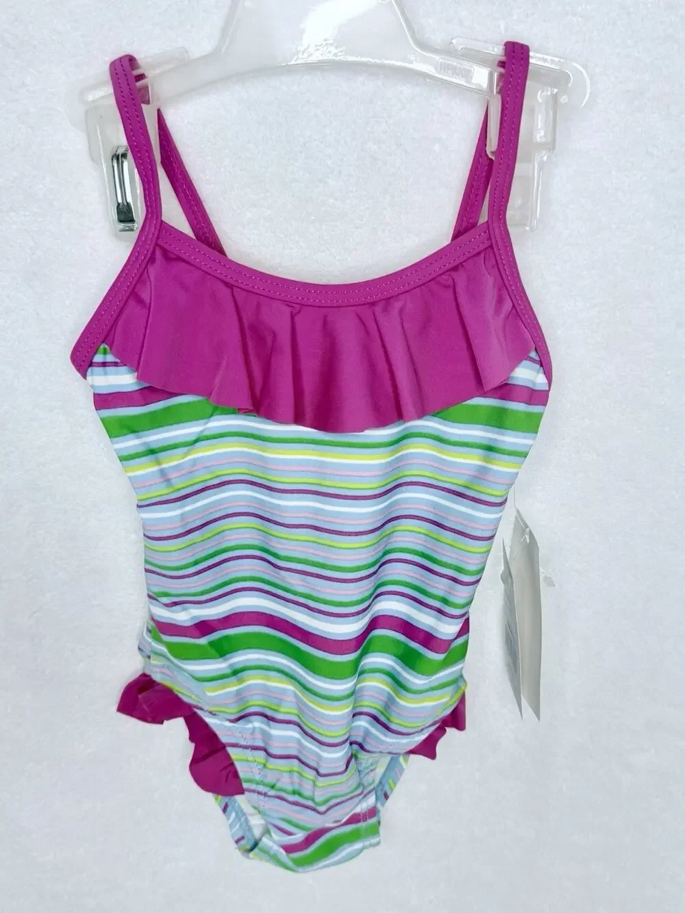 CUTE Toddler Girl Pink Multicolor Striped One-Piece Bathing Suit w/Ruffle